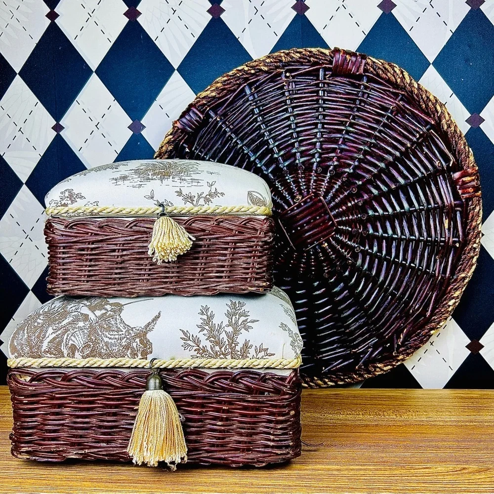 Handwoven Rattan Round Basket‎ Tray – Primitive Rustic Decor Vintage 17”